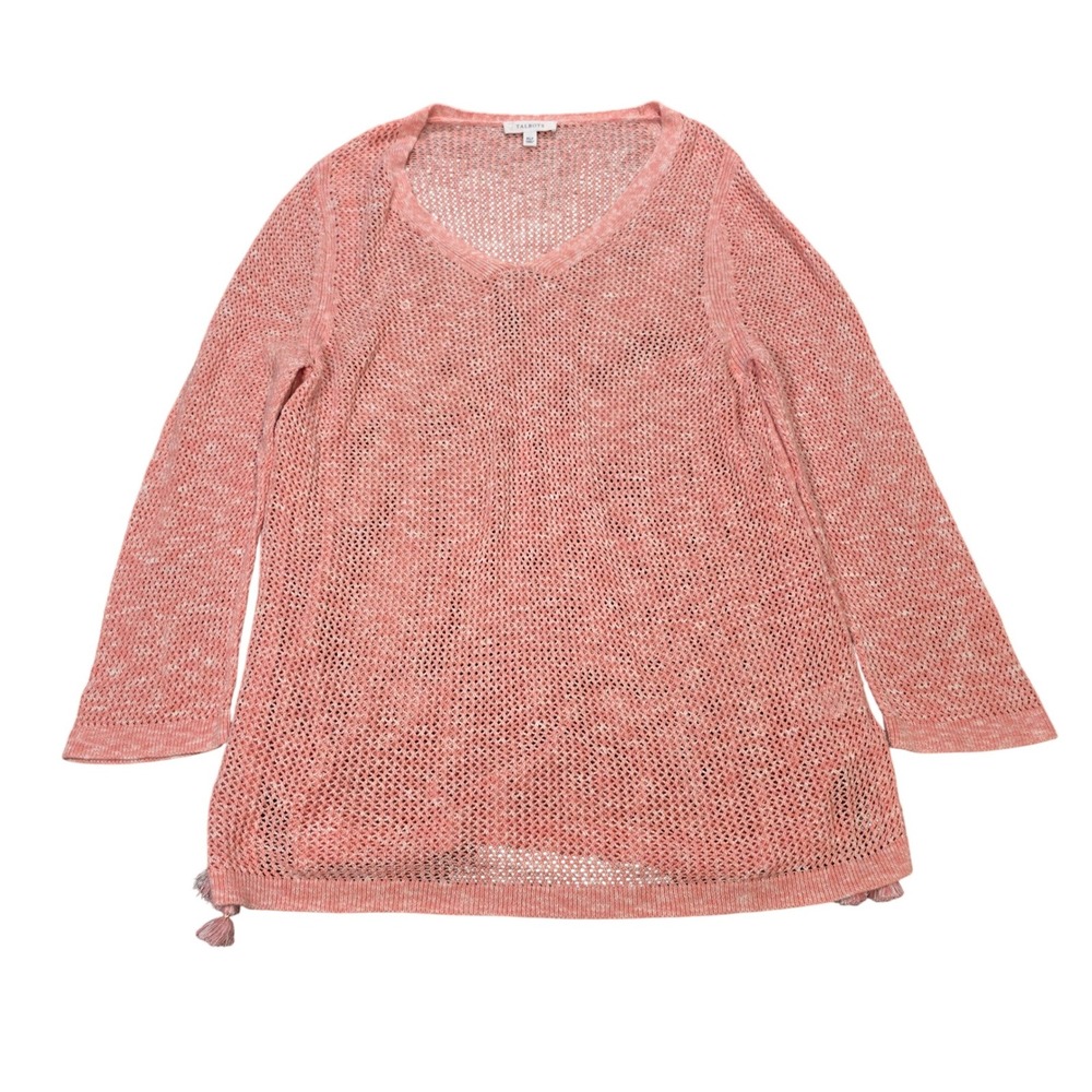 Talbots Open Knit Tassel V-Neck Sweater Women's Size XLP Coral Pink Pima Cotton